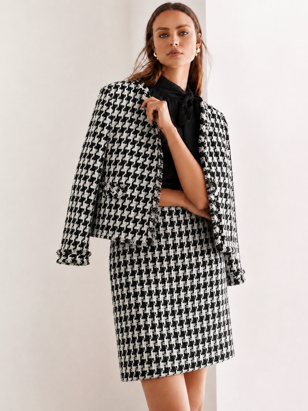 Ann Taylor Houndstooth Tweed Fringe Blazer & Skirt, 8 Petite